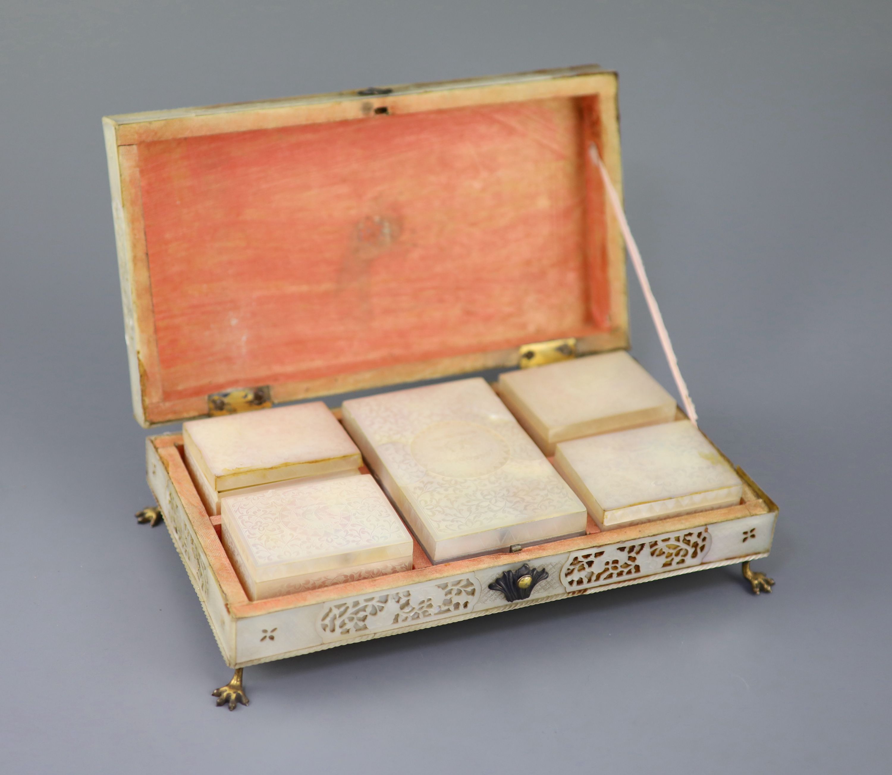 A Cantonese mother of pearl gaming box, mid 19th century, 27cm wide, sections detached